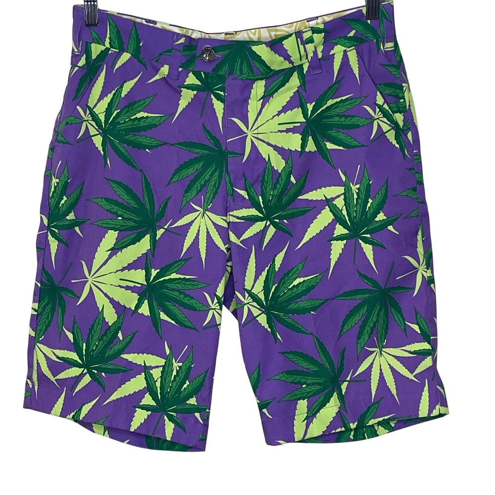 Loudmouth‎ Golf Mens Purple Green Cannabis Marijuana Leaf Print Shorts Size 32